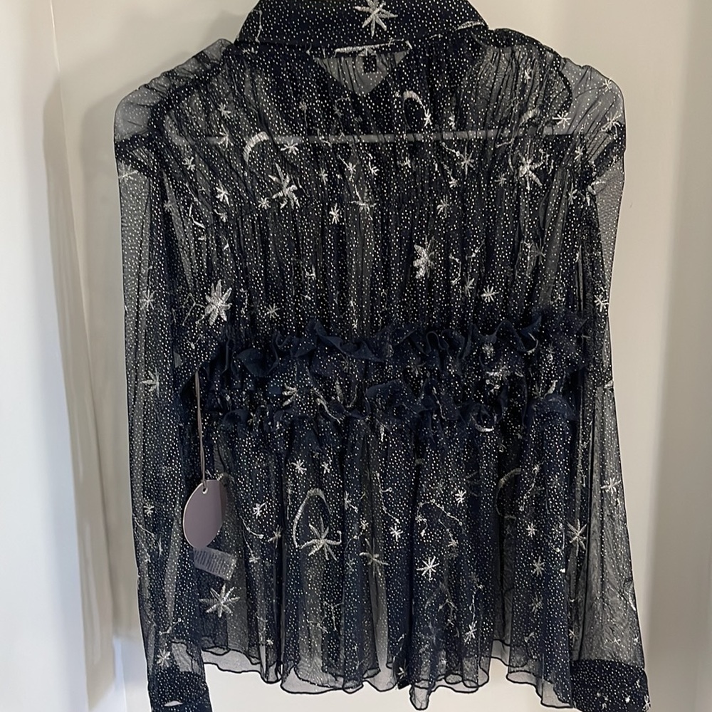 NWOT Anthropologie/Eva Franco Navy Sheer Silver Star/Celestial blouse size small - Picture 2 of 4
